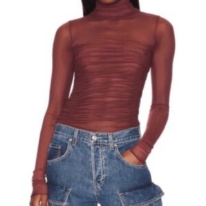 Free People Mauve Ruched Sheer Long Sleeve Bodysuit